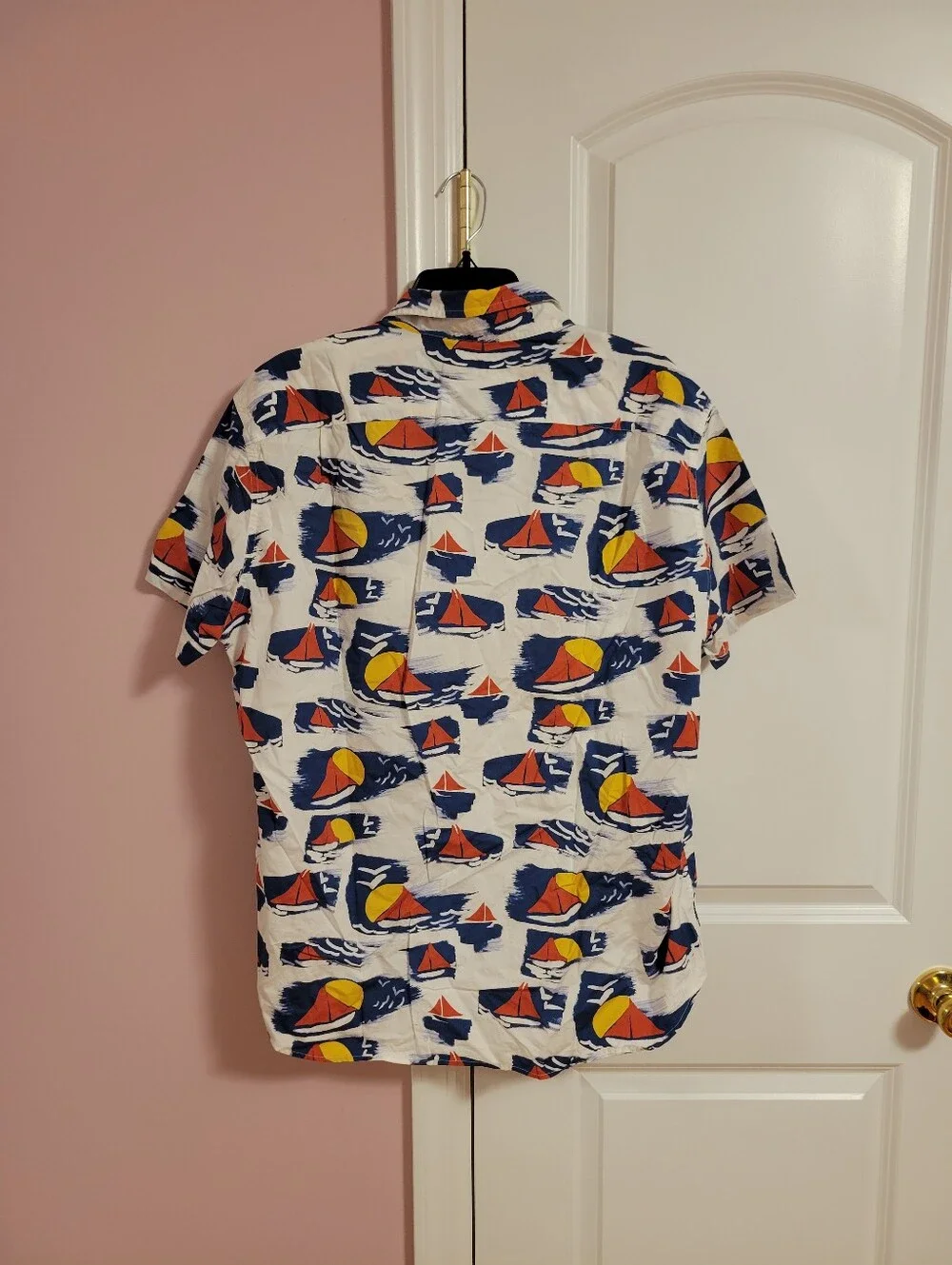 J.Crew Men's Short Sleeve Sailboat Print Button Down Shirt- XL- Nautical Coastal
